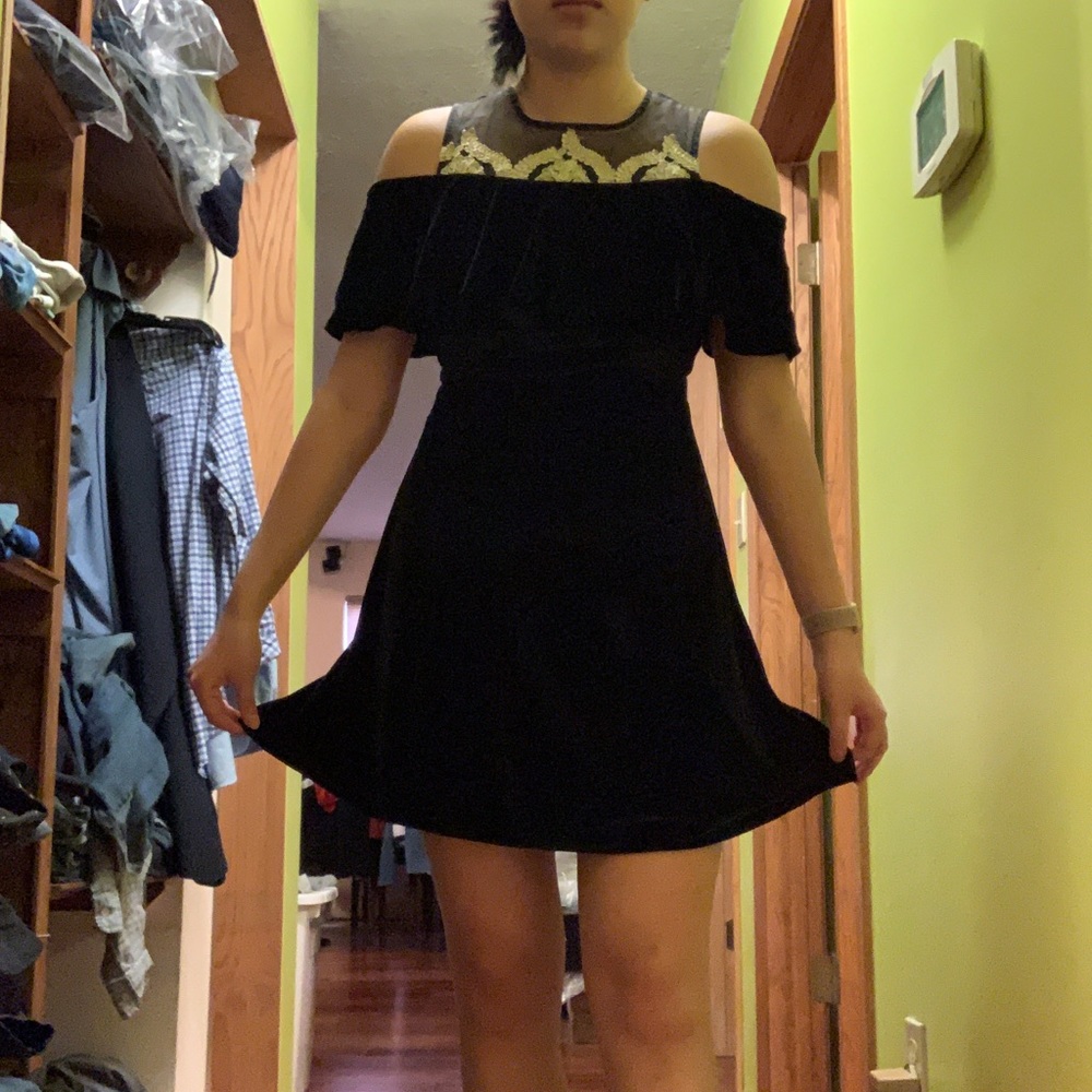 Off the shoulder black velvet gold mini dress